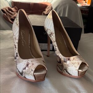 Kenneth Cole Snakeskin Peep Toe Heels - Cream and Brown